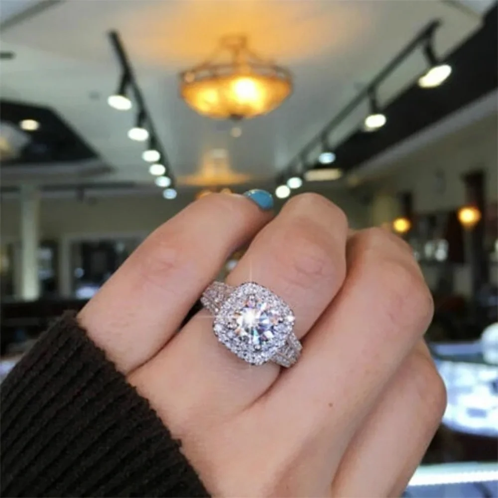 Luxury Silver Square Diamond Cubic Zircon Ring - Picture 4 of 14